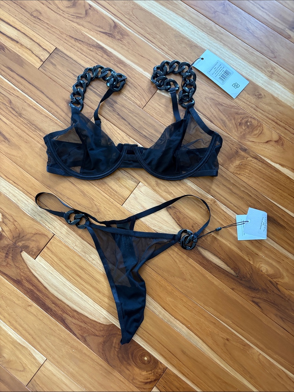 Sheer Black Chain-Accent Bra & Thong Set